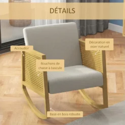 Fauteuil Lounge à Bascule Style Bohème Chic - Accoudoirs Structure Bois Hévéa Rotin - Tissu Toucher Lin Gris Clair -Promos Fauteora Magasin fauteuil 22943893