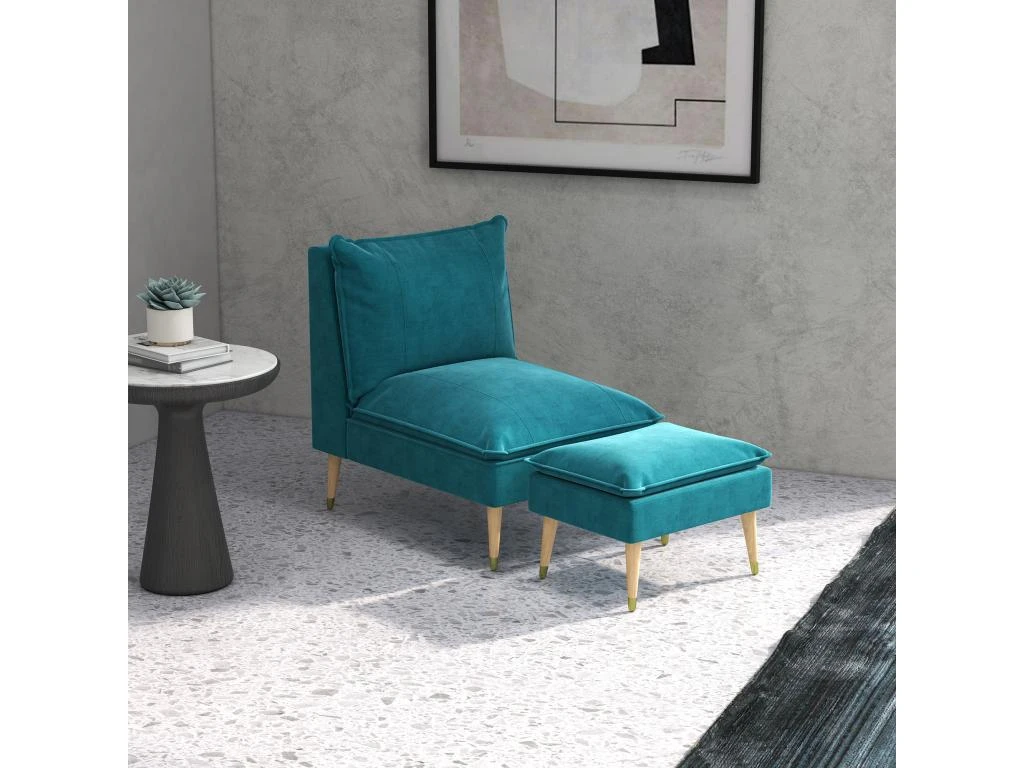 Fauteuil Design Scandinave Grand Confort - Repose-pied Inclus - Piètement Effilé Incliné Bois Hévéa Velours Turquoise 3 Fauteuil Design Scandinave Grand Confort - Repose-pied Inclus - Piètement Effilé Incliné Bois Hévéa Velours Turquoise