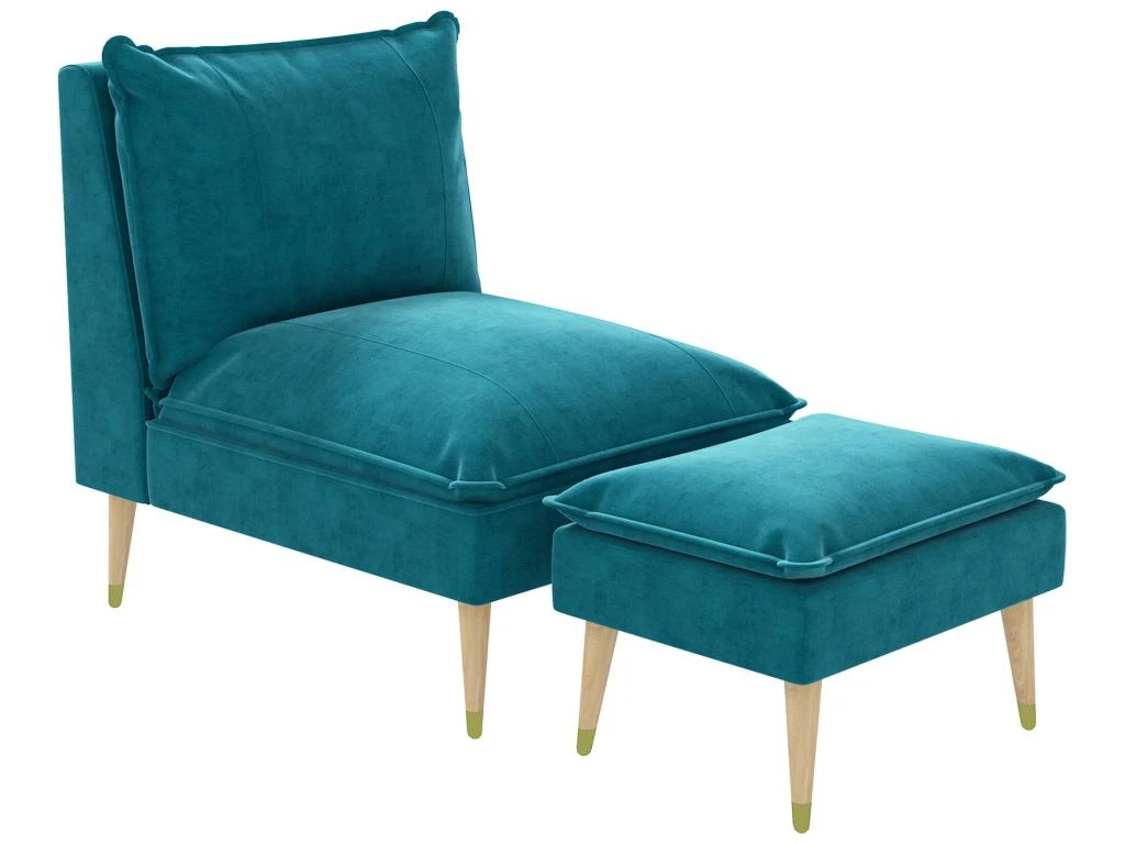 Fauteuil Design Scandinave Grand Confort - Repose-pied Inclus - Piètement Effilé Incliné Bois Hévéa Velours Turquoise 4 Fauteuil Design Scandinave Grand Confort - Repose-pied Inclus - Piètement Effilé Incliné Bois Hévéa Velours Turquoise – Image 2