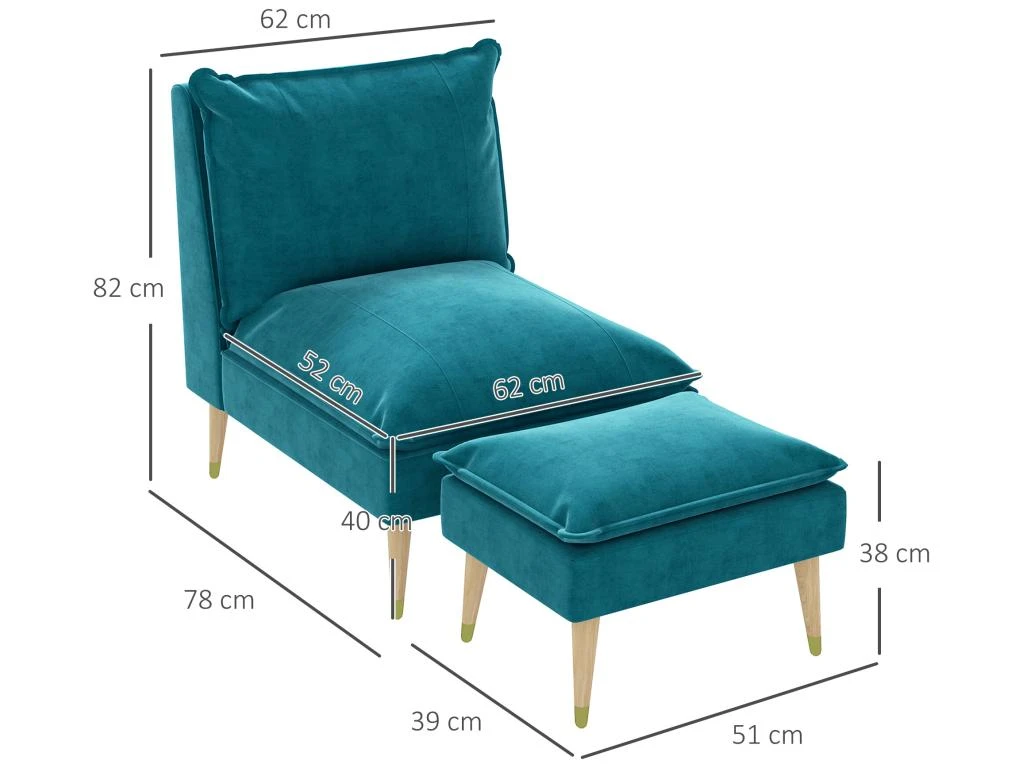 Fauteuil Design Scandinave Grand Confort - Repose-pied Inclus - Piètement Effilé Incliné Bois Hévéa Velours Turquoise 5 Fauteuil Design Scandinave Grand Confort - Repose-pied Inclus - Piètement Effilé Incliné Bois Hévéa Velours Turquoise – Image 3