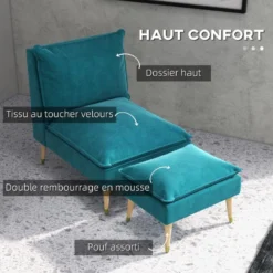 Fauteuil Design Scandinave Grand Confort - Repose-pied Inclus - Piètement Effilé Incliné Bois Hévéa Velours Turquoise 11 Fauteuil Design Scandinave Grand Confort - Repose-pied Inclus - Piètement Effilé Incliné Bois Hévéa Velours Turquoise -Promos Fauteora Magasin fauteuil 22963255