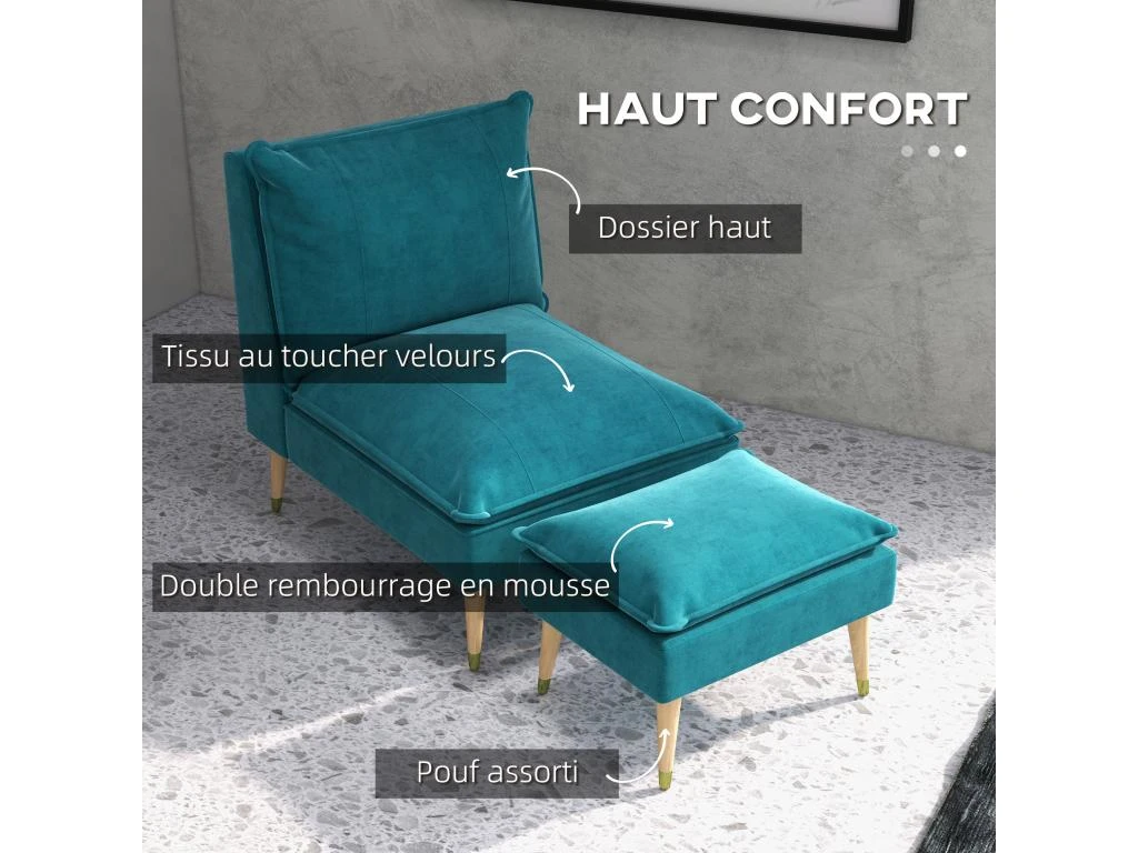 Fauteuil Design Scandinave Grand Confort - Repose-pied Inclus - Piètement Effilé Incliné Bois Hévéa Velours Turquoise 7 Fauteuil Design Scandinave Grand Confort - Repose-pied Inclus - Piètement Effilé Incliné Bois Hévéa Velours Turquoise – Image 5