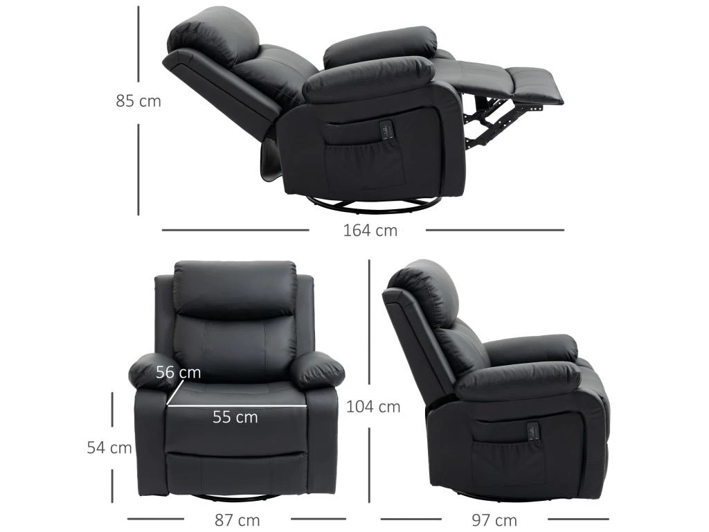 Fauteuil De Massage Et Relaxation électrique Inclinable Pivotant Repose-pied Télécommande Noir 5 Fauteuil De Massage Et Relaxation électrique Inclinable Pivotant Repose-pied Télécommande Noir – Image 3