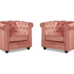 Lot De 2 Fauteuils CHESTERFIELD - Velours Rose Pastel