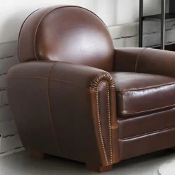 Fauteuil Club 100% Cuir Vieilli BAUDOIN - Marron