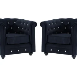 Lot De 2 Fauteuils CHESTERFIELD - Velours Noir Et Boutons Effet Cristal