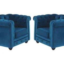 Lot De 2 Fauteuils CHESTERFIELD - Velours Bleu Canard