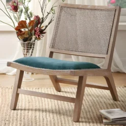 Fauteuil En Velours Et Cannage HELIAS - Bleu