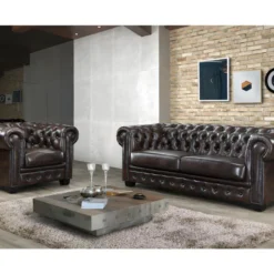 Fauteuil Chesterfield BRENTON 100% Cuir De Buffle - Marron Reflets Châtains