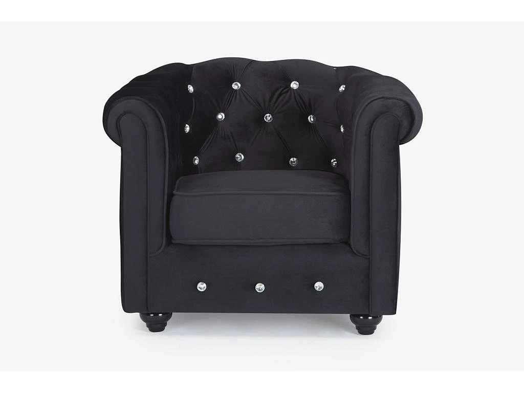 Fauteuil CHESTERFIELD - Velours Noir Et Boutons Effet Cristal 3 Fauteuil CHESTERFIELD - Velours Noir Et Boutons Effet Cristal – Image 2