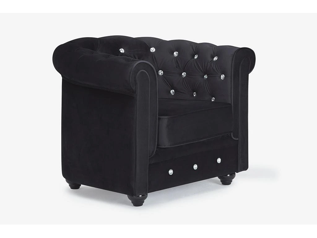 Fauteuil CHESTERFIELD - Velours Noir Et Boutons Effet Cristal 4 Fauteuil CHESTERFIELD - Velours Noir Et Boutons Effet Cristal – Image 3