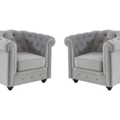 Lot De 2 Fauteuils CHESTERFIELD - Velours Gris Clair