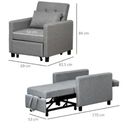 Fauteuil Chauffeuse Canapé-lit Convertible 1 Place Dossier Inclinable 3 Positions Coussin Inclus Polyester Coton Gris -Promos Fauteora Magasin fauteuil 8908529