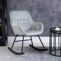 Fauteuil à Bascule Grand Confort Accoudoirs Assise Dossier Garnissage Mousse Haute Densité Velours Gris Clair