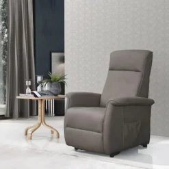 BARRENCE - Fauteuil Relax Et Releveur Electrique Tissu Aspect Cuir Marron Grisé -Promos Fauteora Magasin fauteuil 9165013