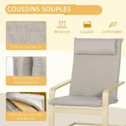 Fauteuil Relax Avec Repose-pieds Et Coussin Appui-tête - Bois Et Tissu Effet Lin - Dim. 67I X 69P X 100H Cm - Gris -Promos Fauteora Magasin fauteuil 9473747
