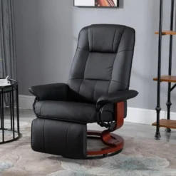 Fauteuil Relax Inclinable Repose-pieds Réglable Pivotant 360° Piètement Bois Revêtement PU Noir