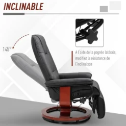 Fauteuil Relax Inclinable Repose-pieds Réglable Pivotant 360° Piètement Bois Revêtement PU Noir -Promos Fauteora Magasin fauteuil 9473801
