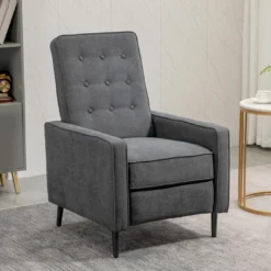 Fauteuil Inclinable Style Néo-rétro Dossier Capitonné 9 Boutons épais Garnissage Mousse Haute Densité Repose-pied Réglable Tissu Aspect Lin Gris