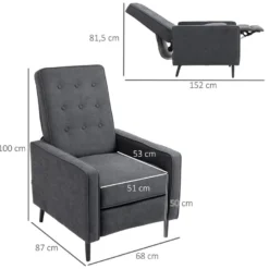 Fauteuil Inclinable Style Néo-rétro Dossier Capitonné 9 Boutons épais Garnissage Mousse Haute Densité Repose-pied Réglable Tissu Aspect Lin Gris -Promos Fauteora Magasin fauteuil 9473969