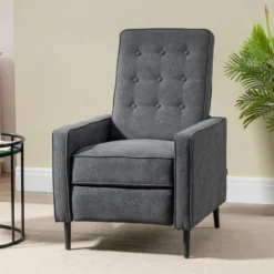 Fauteuil Inclinable Style Néo-rétro Dossier Capitonné 9 Boutons épais Garnissage Mousse Haute Densité Repose-pied Réglable Tissu Aspect Lin Gris -Promos Fauteora Magasin fauteuil 9473971