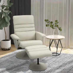 Fauteuil Relax Inclinable Pivotant Contemporain Avec Repose-pieds Grand Confort Revêtement Synthétique Crème