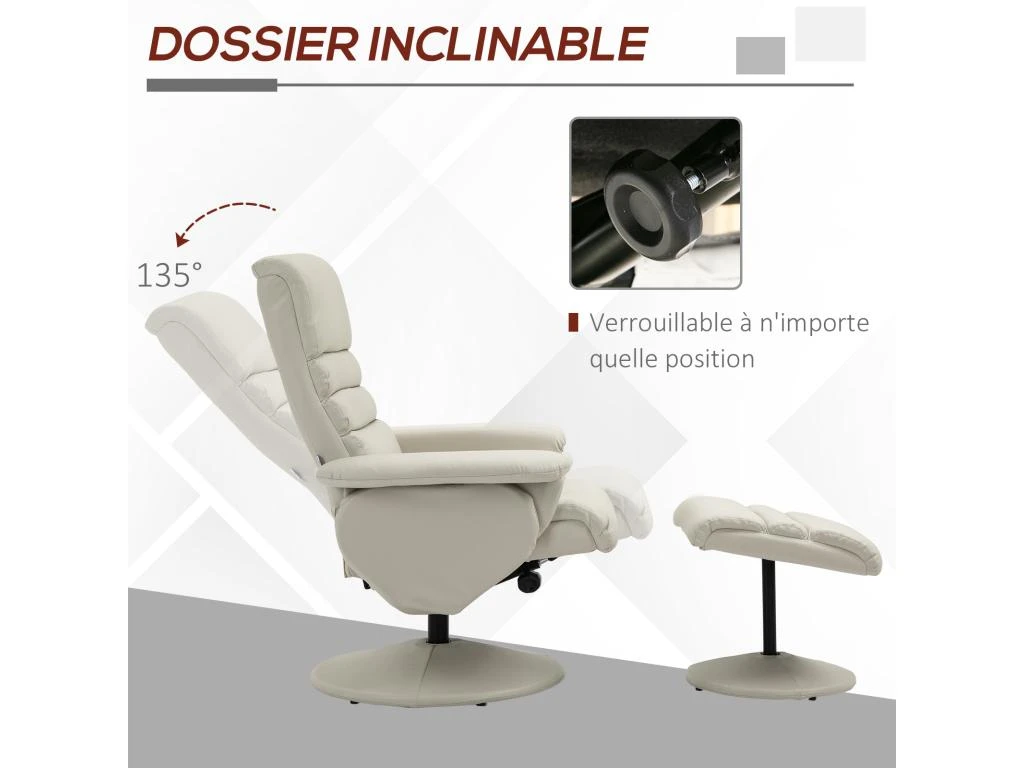 Fauteuil Relax Inclinable Pivotant Contemporain Avec Repose-pieds Grand Confort Revêtement Synthétique Crème 6 Fauteuil Relax Inclinable Pivotant Contemporain Avec Repose-pieds Grand Confort Revêtement Synthétique Crème – Image 4