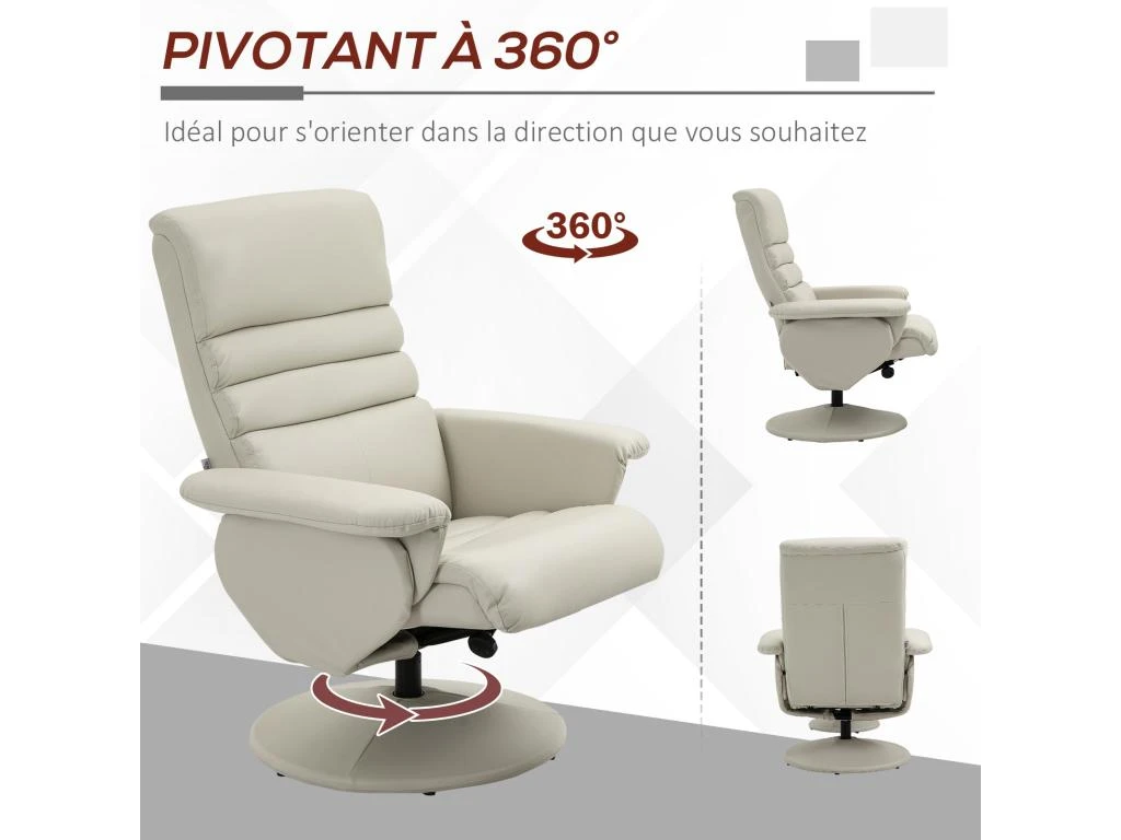 Fauteuil Relax Inclinable Pivotant Contemporain Avec Repose-pieds Grand Confort Revêtement Synthétique Crème 7 Fauteuil Relax Inclinable Pivotant Contemporain Avec Repose-pieds Grand Confort Revêtement Synthétique Crème – Image 5