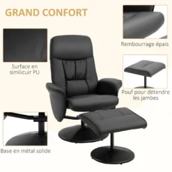 Fauteuil Relax Inclinable Pivotant Style Contemporain Avec Repose-pied Revêtement Synthétique Noir -Promos Fauteora Magasin fauteuil 9474115