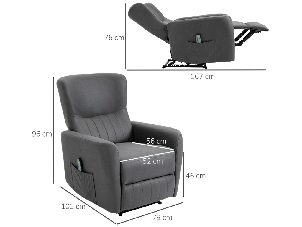 Fauteuil De Relaxation Inclinable 8 Points De Massage Repose-pied Ajustable Microfibre Polyester Gris 5 Fauteuil De Relaxation Inclinable 8 Points De Massage Repose-pied Ajustable Microfibre Polyester Gris – Image 3