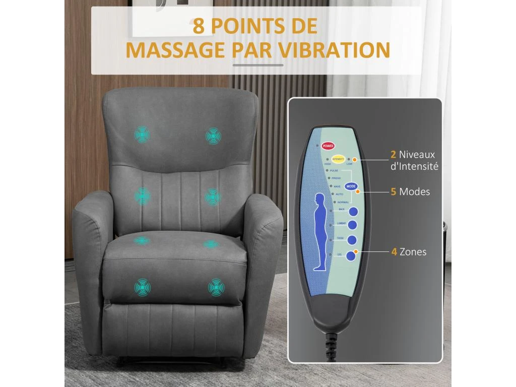 Fauteuil De Relaxation Inclinable 8 Points De Massage Repose-pied Ajustable Microfibre Polyester Gris 7 Fauteuil De Relaxation Inclinable 8 Points De Massage Repose-pied Ajustable Microfibre Polyester Gris – Image 5