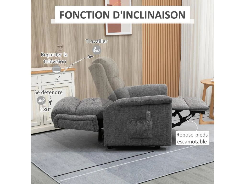 Fauteuil Releveur électrique Inclinable - Repose-pied Ajustable - Télécommande - Fauteuil De Relaxation - Tissu Polyester Aspect Lin Gris Chiné 7 Fauteuil Releveur électrique Inclinable - Repose-pied Ajustable - Télécommande - Fauteuil De Relaxation - Tissu Polyester Aspect Lin Gris Chiné – Image 5