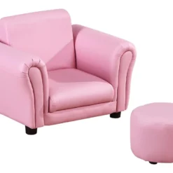 Ensemble Fauteuil Et Pouf Enfant Style Contemporain Structure Bois Revêtement Synthétique PVC Rose