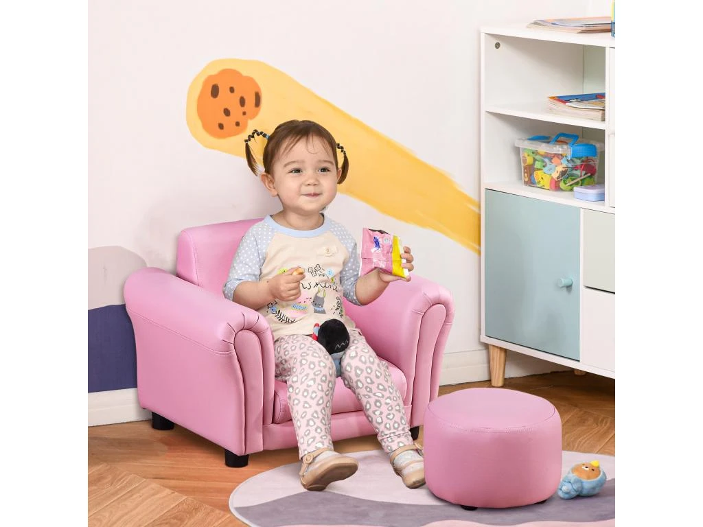 Ensemble Fauteuil Et Pouf Enfant Style Contemporain Structure Bois Revêtement Synthétique PVC Rose 4 Ensemble Fauteuil Et Pouf Enfant Style Contemporain Structure Bois Revêtement Synthétique PVC Rose – Image 2