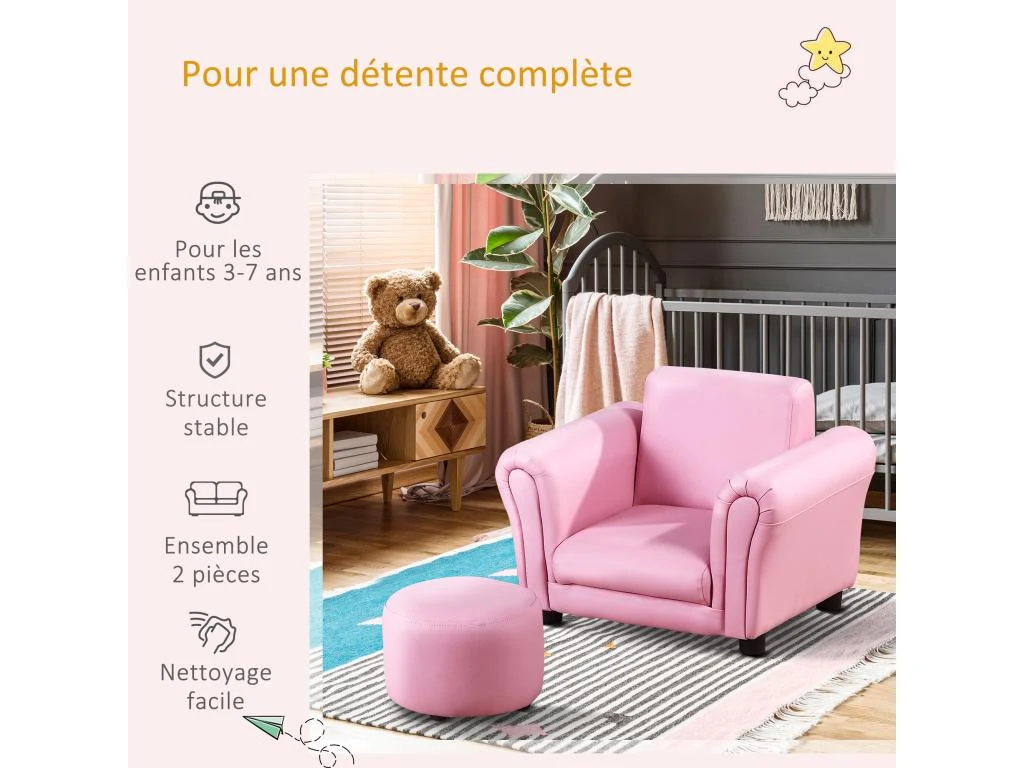 Ensemble Fauteuil Et Pouf Enfant Style Contemporain Structure Bois Revêtement Synthétique PVC Rose 6 Ensemble Fauteuil Et Pouf Enfant Style Contemporain Structure Bois Revêtement Synthétique PVC Rose – Image 4