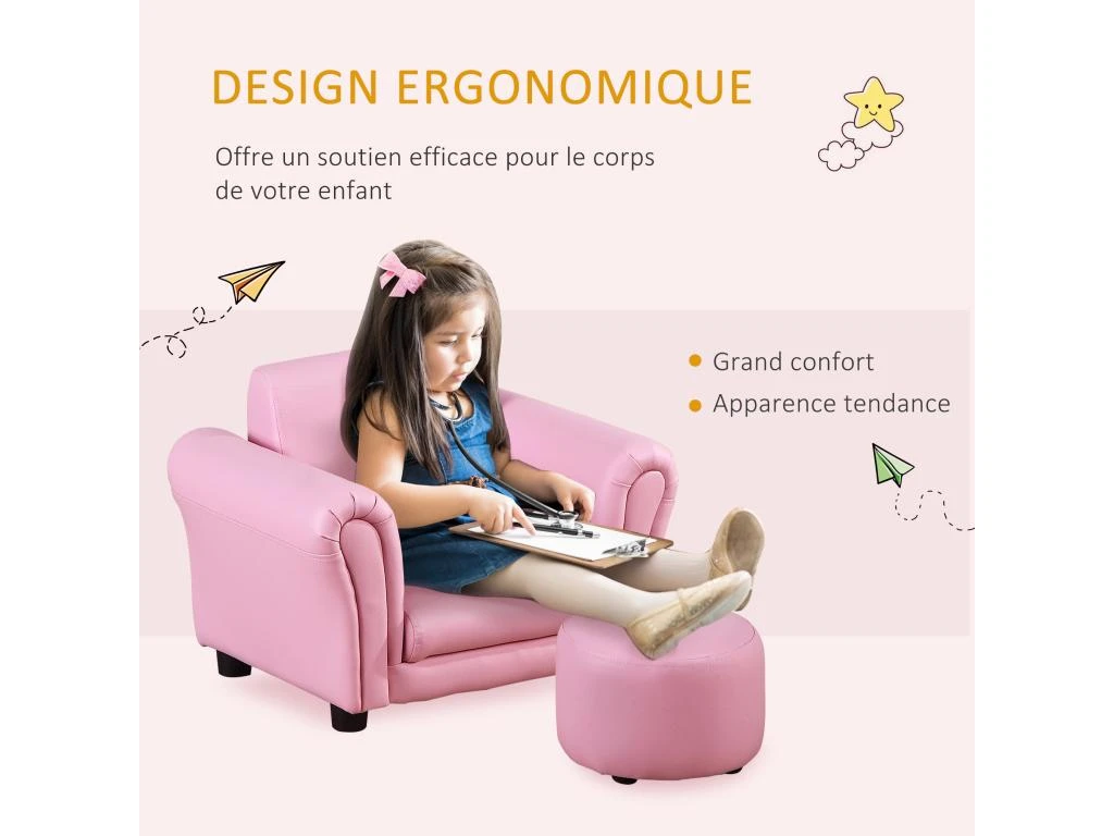 Ensemble Fauteuil Et Pouf Enfant Style Contemporain Structure Bois Revêtement Synthétique PVC Rose 7 Ensemble Fauteuil Et Pouf Enfant Style Contemporain Structure Bois Revêtement Synthétique PVC Rose – Image 5